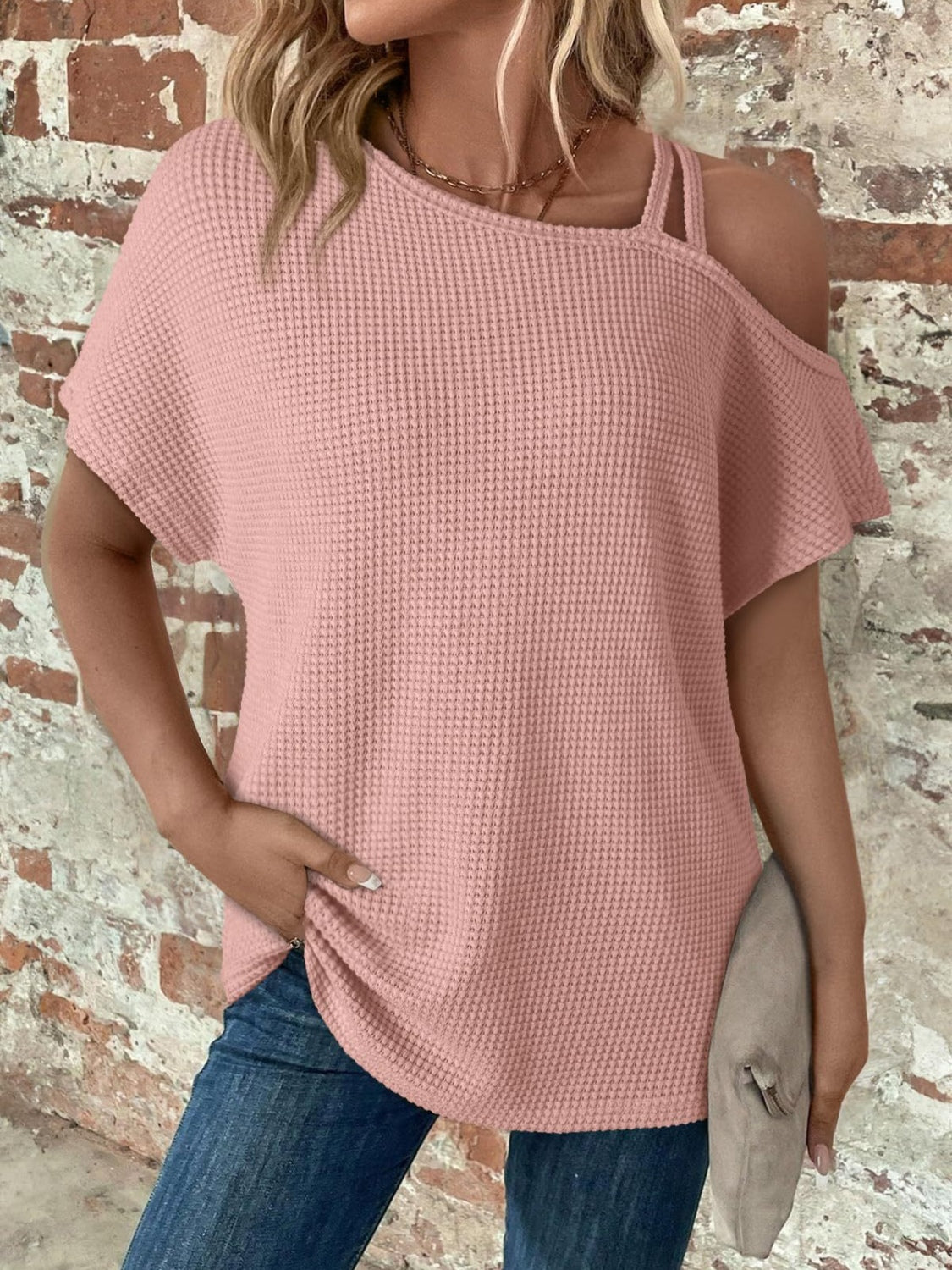 Zimonto - Asymmetrical Neck Short Sleeve T-Shirt