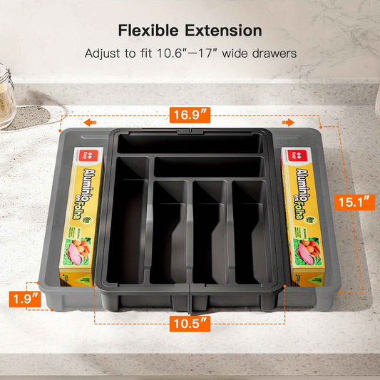 Adjustable 2-Compartment Expandable Cutlery Tray Organizer for Kitchen Drawers, Durable Design