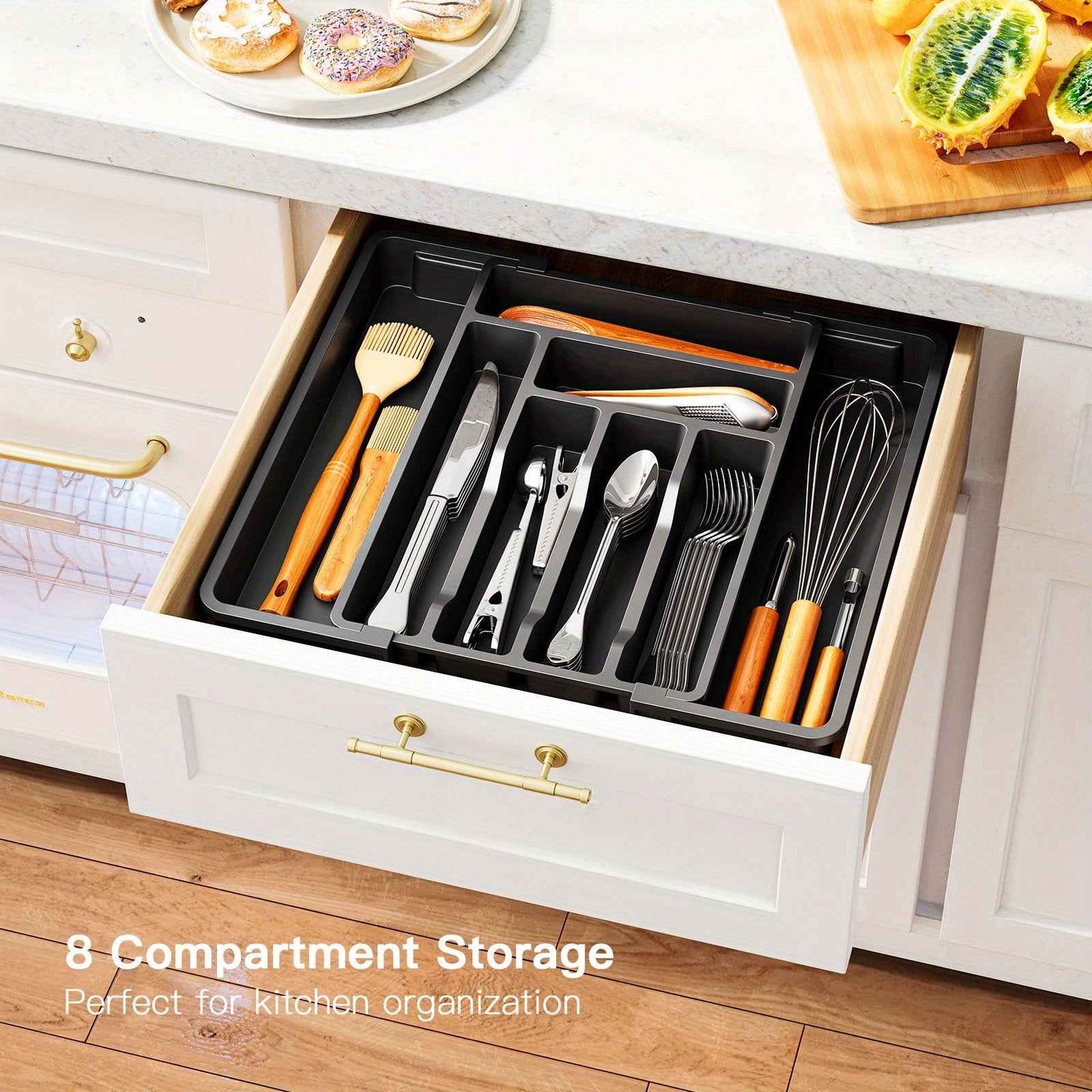 Adjustable 2-Section Expandable Cutlery Tray Organizer for Kitchen Drawers - Durable & Minimalist Design