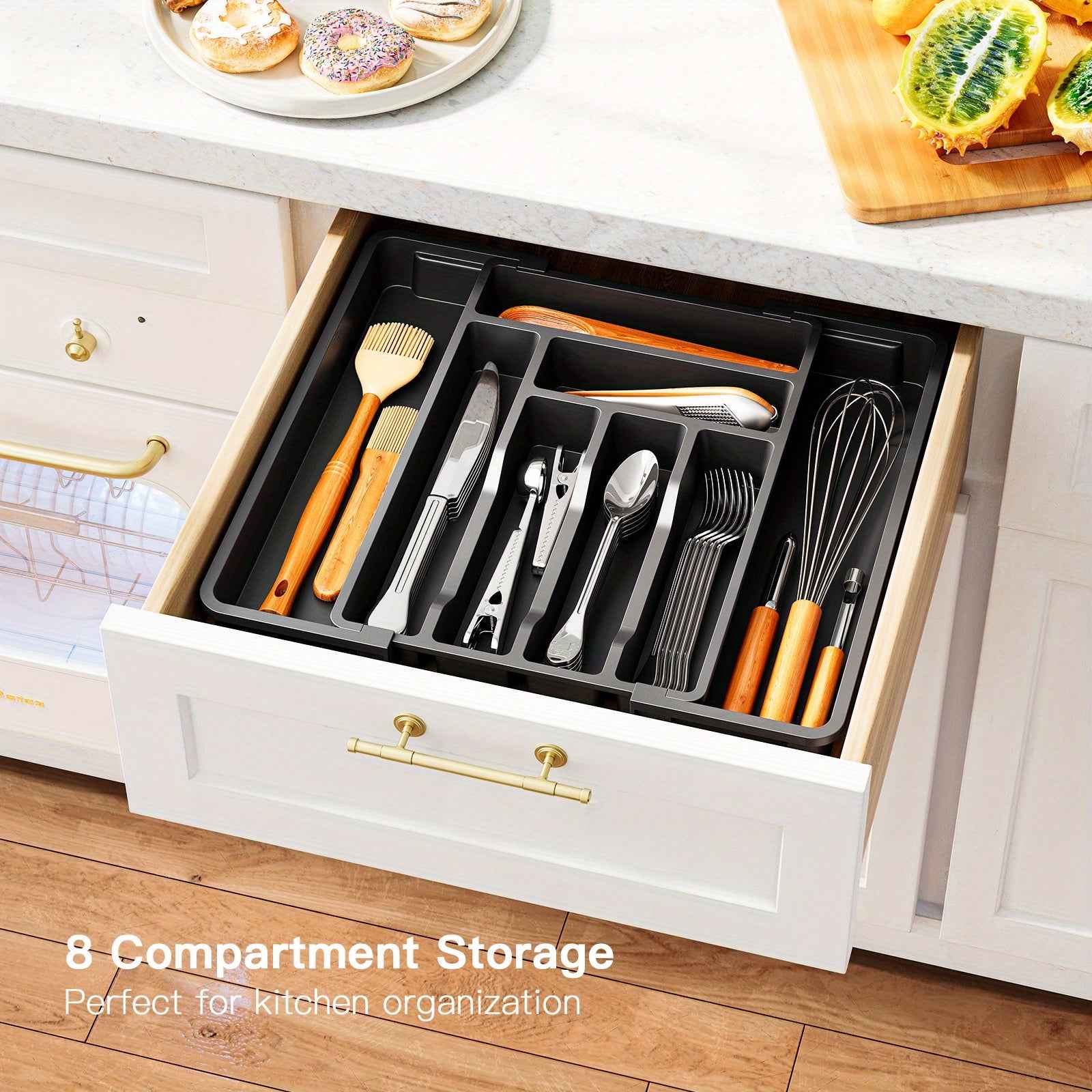 Adjustable 2-Section Expandable Cutlery Tray Organizer for Kitchen Drawers - Durable & Minimalist Design