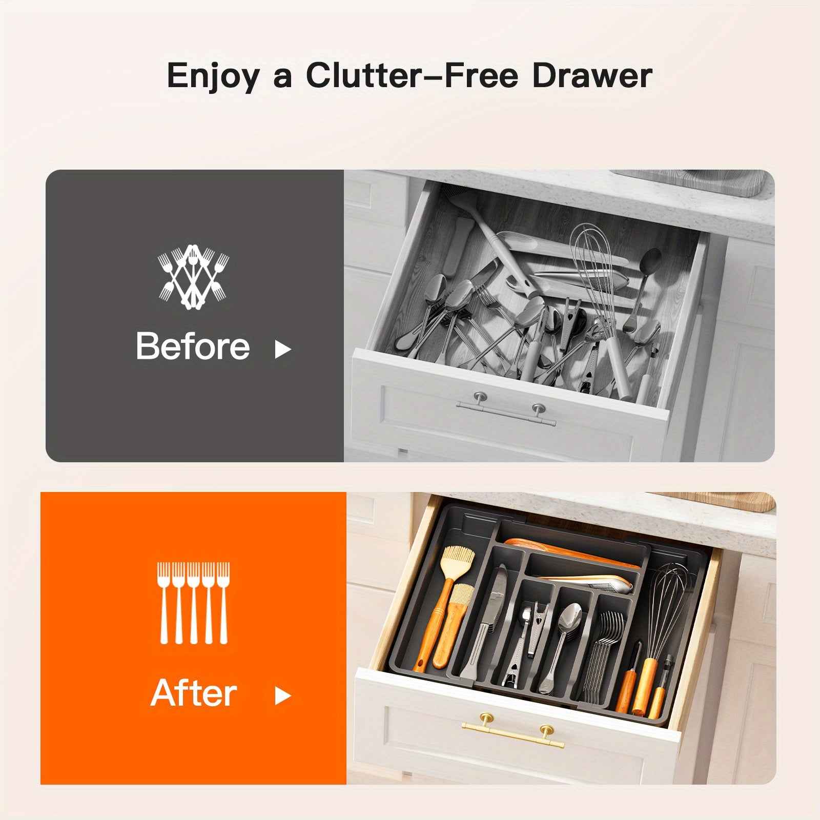 Adjustable 2-Section Expandable Cutlery Tray Organizer for Kitchen Drawers - Durable & Minimalist Design