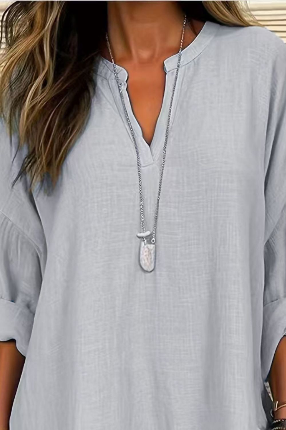 Zimonto - Solid Color Notched Long Sleeve Blouse