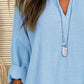 Zimonto - Solid Color Notched Long Sleeve Blouse