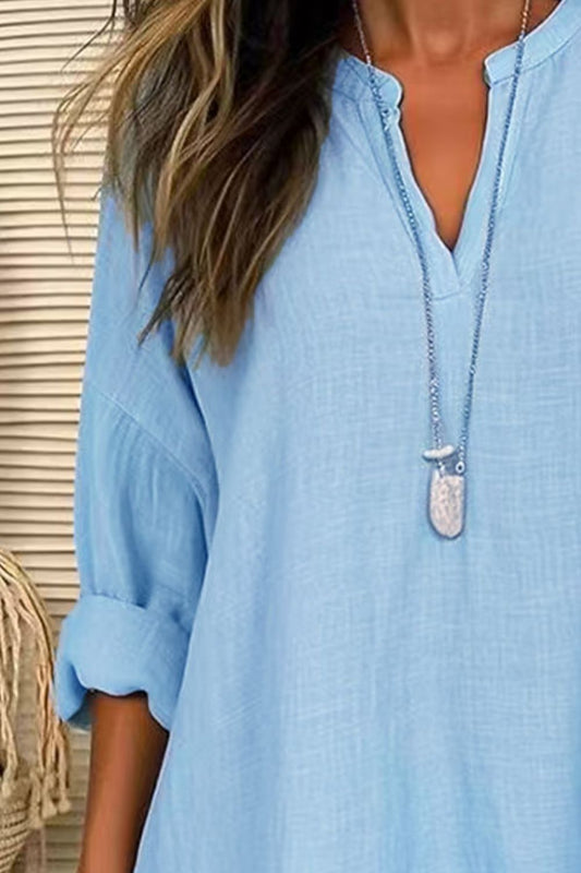 Zimonto - Solid Color Notched Long Sleeve Blouse