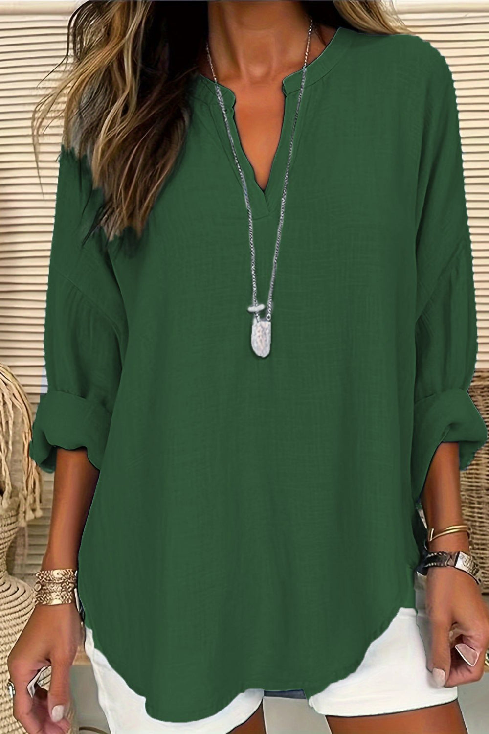 Zimonto - Solid Color Notched Long Sleeve Blouse Dark Green