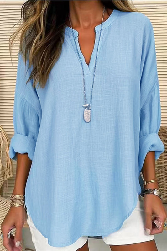 Zimonto - Solid Color Notched Long Sleeve Blouse Light Blue