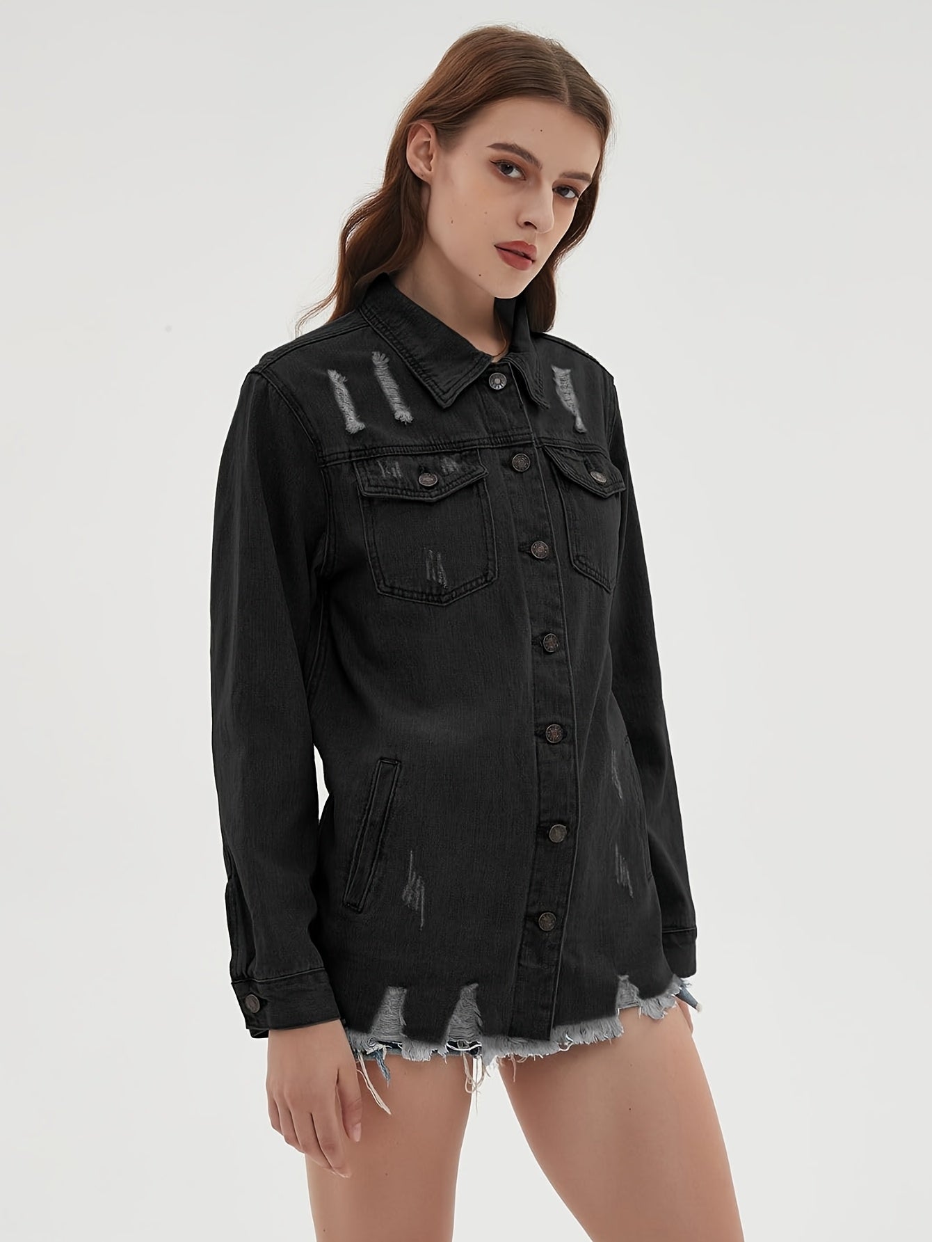 Zimonto - Womens Oversized Faux Denim Jacket with Frayed Hem