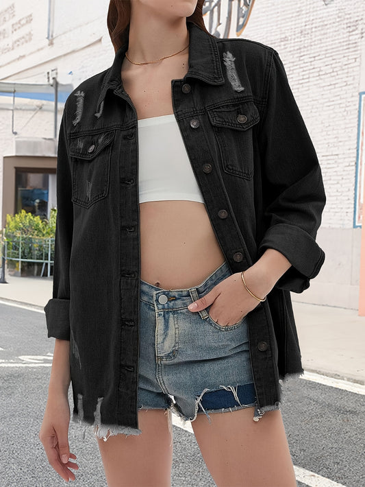 Zimonto - Womens Oversized Faux Denim Jacket with Frayed Hem