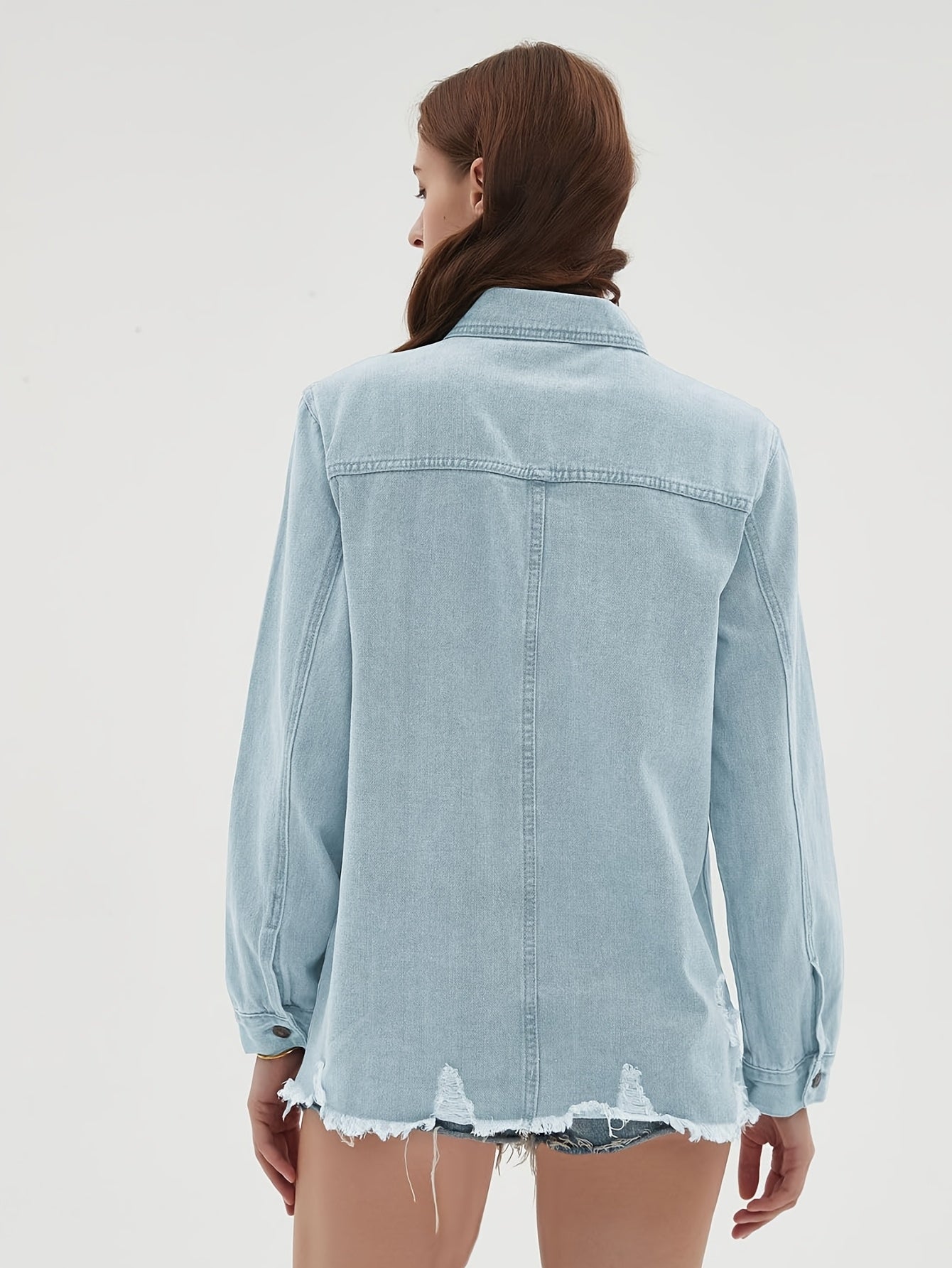 Zimonto - Womens Oversized Faux Denim Jacket with Frayed Hem