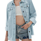 Zimonto - Womens Oversized Faux Denim Jacket with Frayed Hem Sky Blue