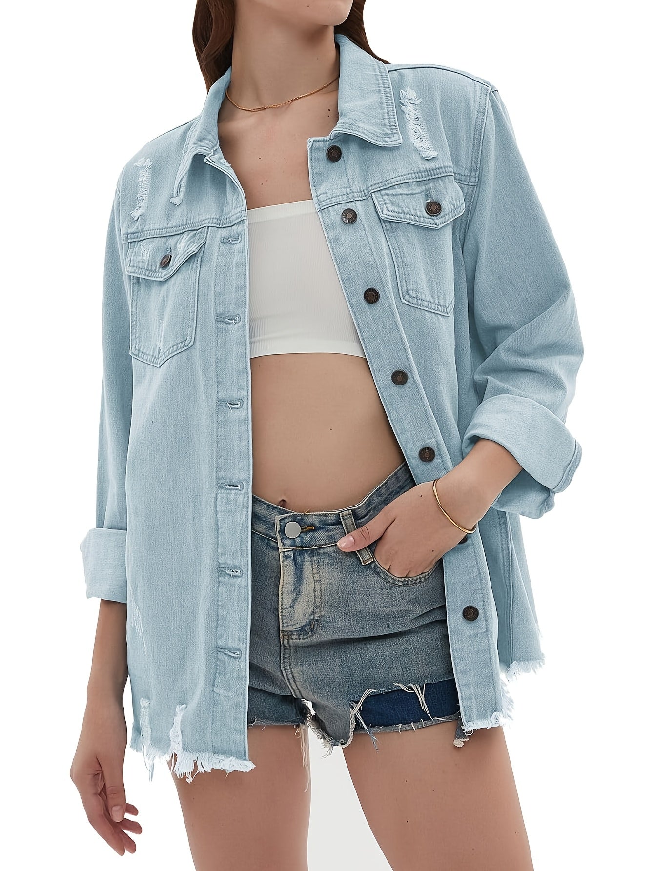 Zimonto - Womens Oversized Faux Denim Jacket with Frayed Hem