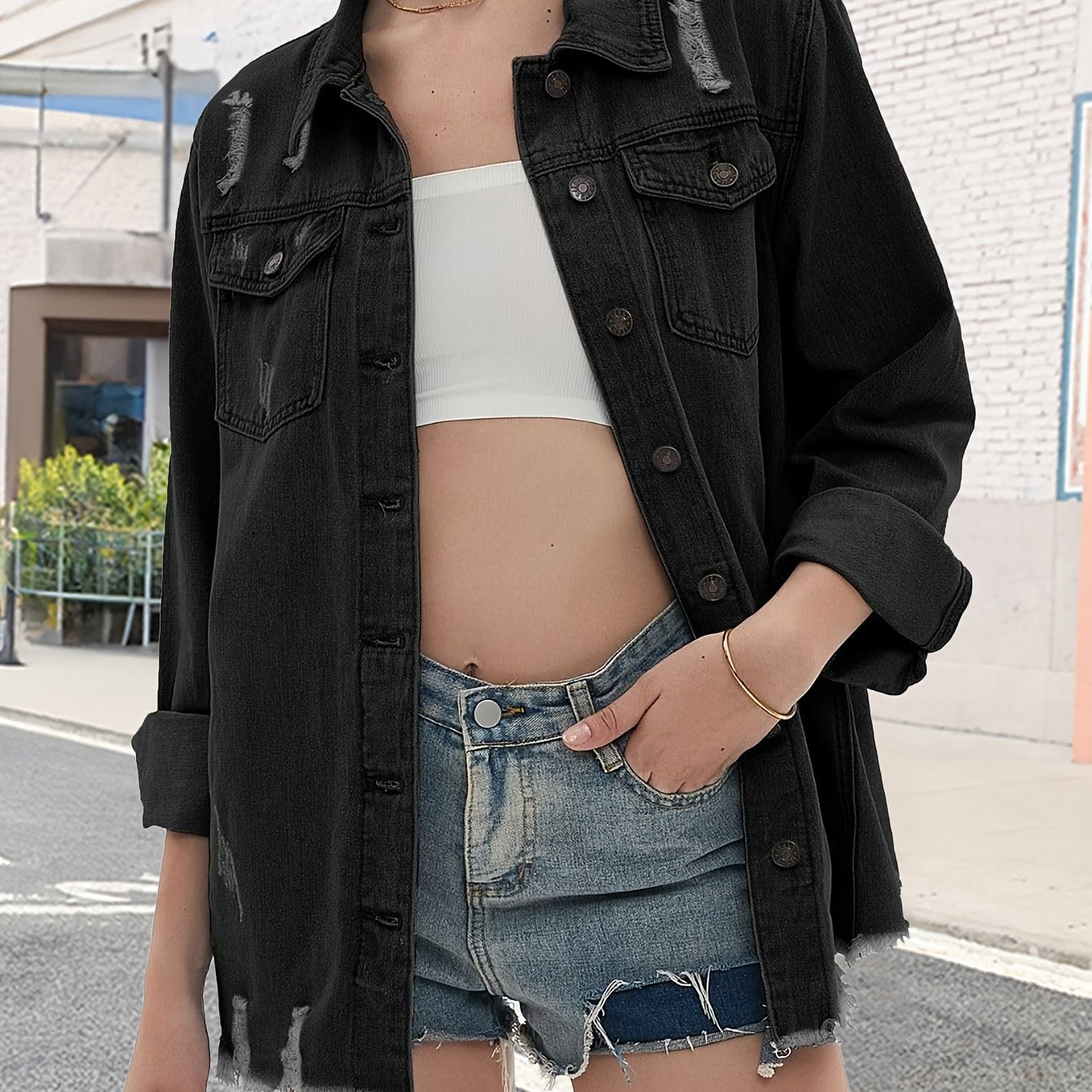 Zimonto - Womens Oversized Faux Denim Jacket with Frayed Hem Jet Black