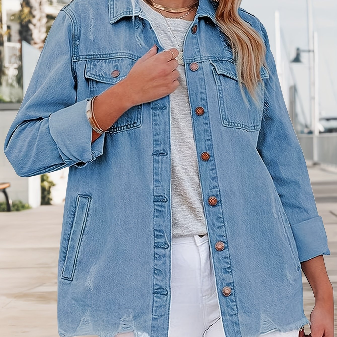 Zimonto - Womens Oversized Faux Denim Jacket with Frayed Hem Navy Blue