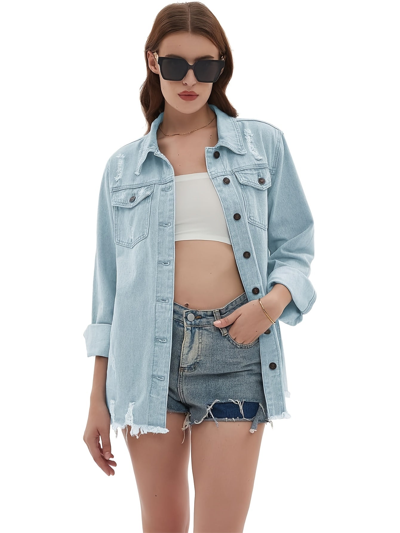 Zimonto - Womens Oversized Faux Denim Jacket with Frayed Hem