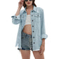 Zimonto - Womens Oversized Faux Denim Jacket with Frayed Hem