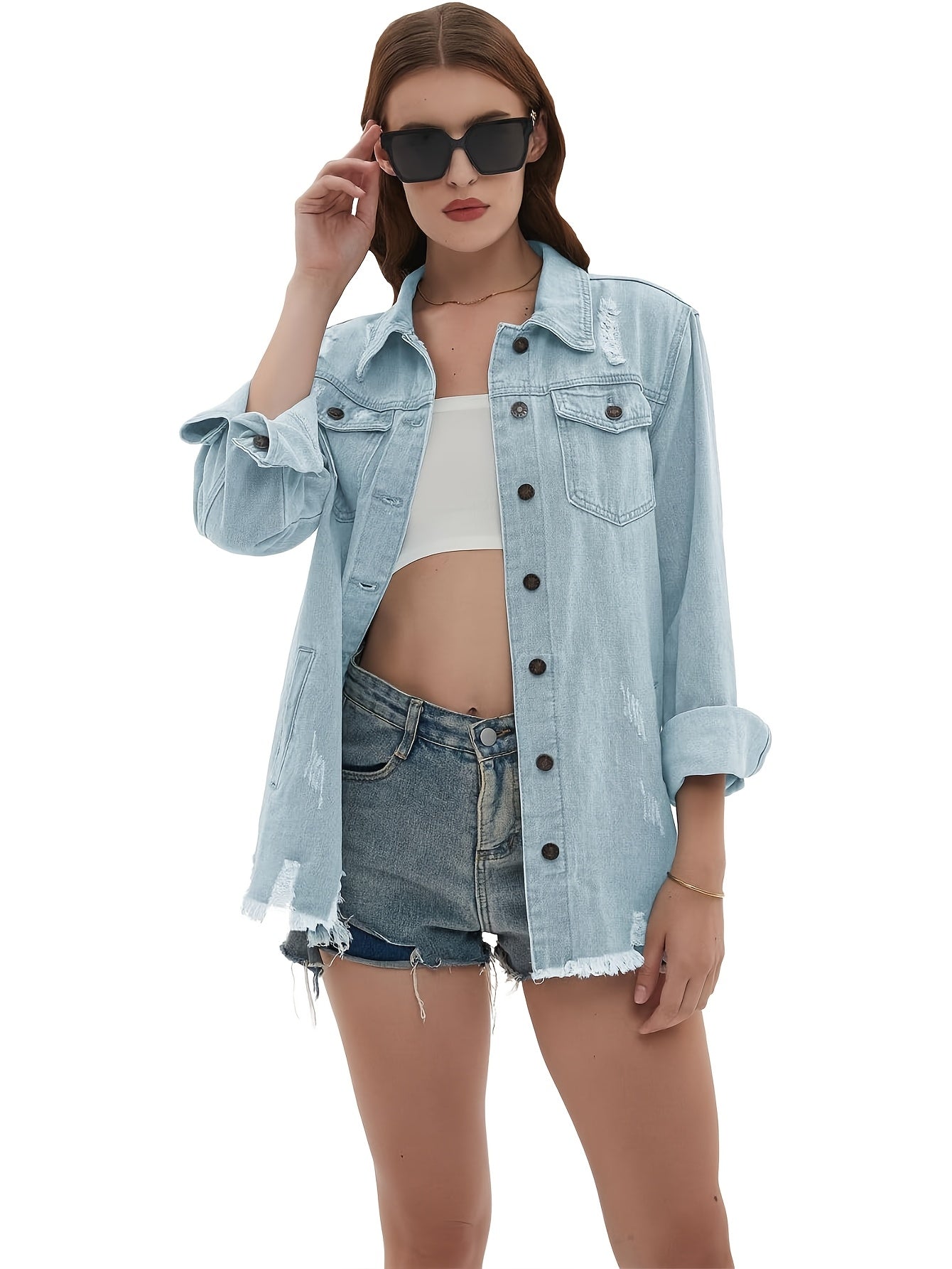 Zimonto - Womens Oversized Faux Denim Jacket with Frayed Hem