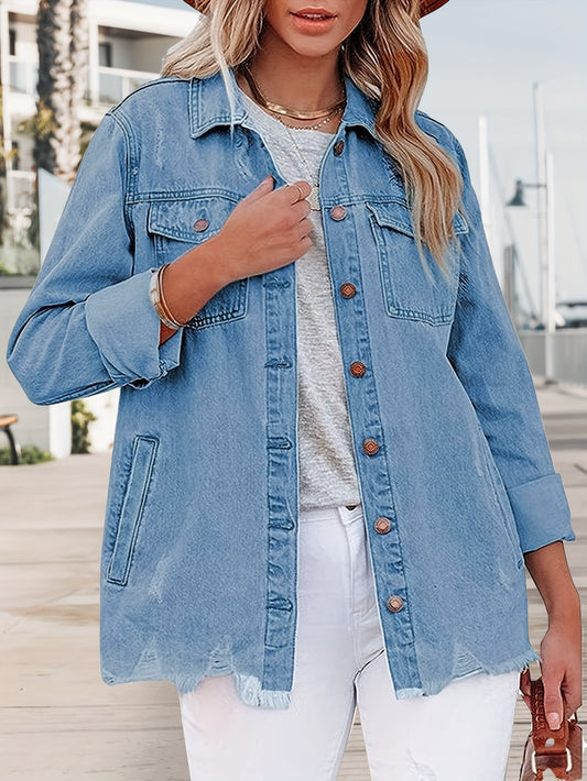 Zimonto - Womens Oversized Faux Denim Jacket with Frayed Hem