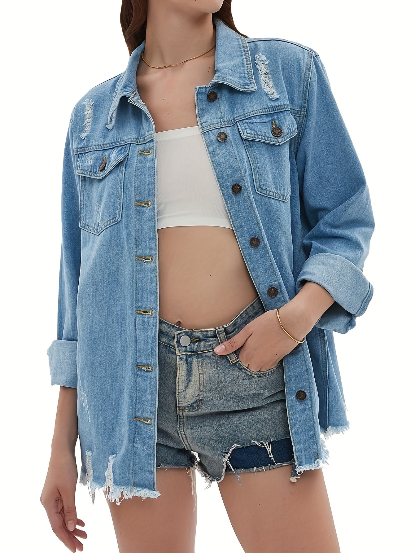 Zimonto - Womens Oversized Faux Denim Jacket with Frayed Hem