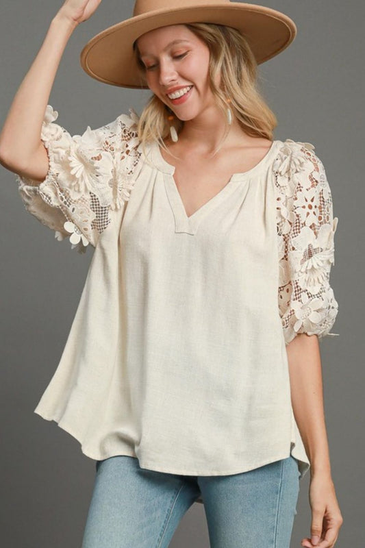 Zimonto - Umgee Full Size French Terry Boxy Cut Top with 3D Floral Sleeve Plus Size OATMEAL