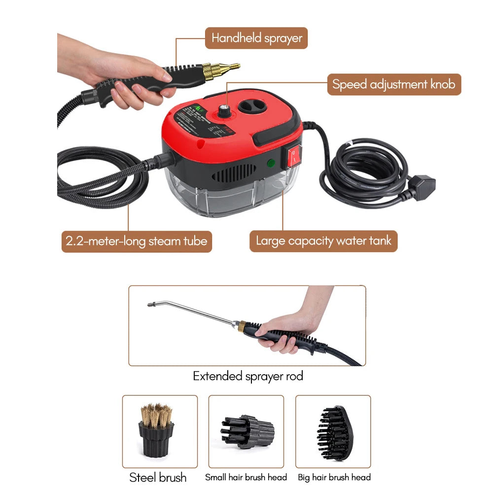 Zimonto - 2500W Portable Handheld Steam Cleaner High Temperature Pressurized Steam Cleaning Machine with Brush Heads for Furniture Car