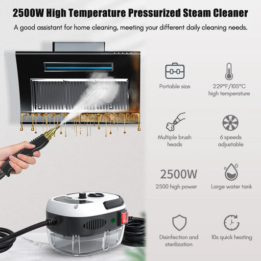 Zimonto - 2500W Portable Handheld Steam Cleaner High Temperature Pressurized Steam Cleaning Machine with Brush Heads for Furniture Car