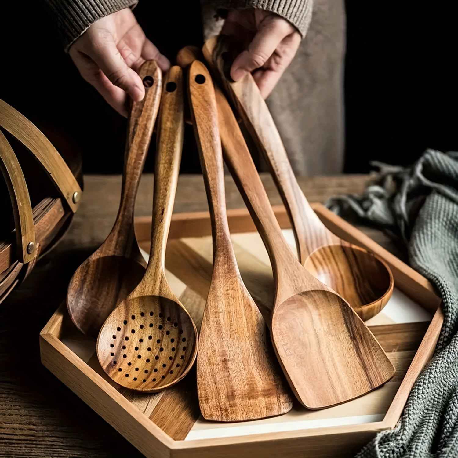 5-Piece Ergonomic Wooden Utensils Set for Non-Stick Cookware - Durable, Food-Contact Safe, All-Natural