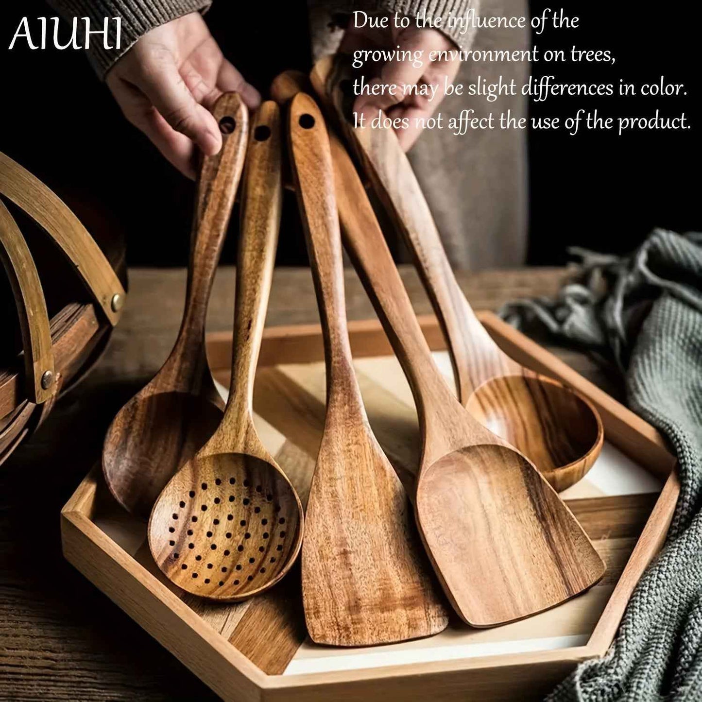5-Piece Ergonomic Wooden Utensils Set for Non-Stick Cookware - Durable, Food-Contact Safe, All-Natural