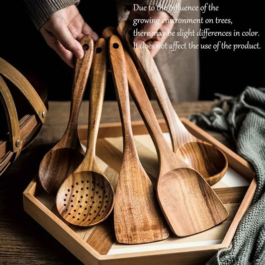 5-Piece Ergonomic Wooden Utensils Set for Non-Stick Cookware - Durable, Food-Contact Safe Tools
