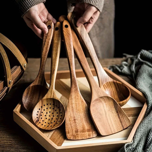 5-Piece Ergonomic Wooden Utensils Set for Non-Stick Cookware - Durable, Food-Contact Safe Tools