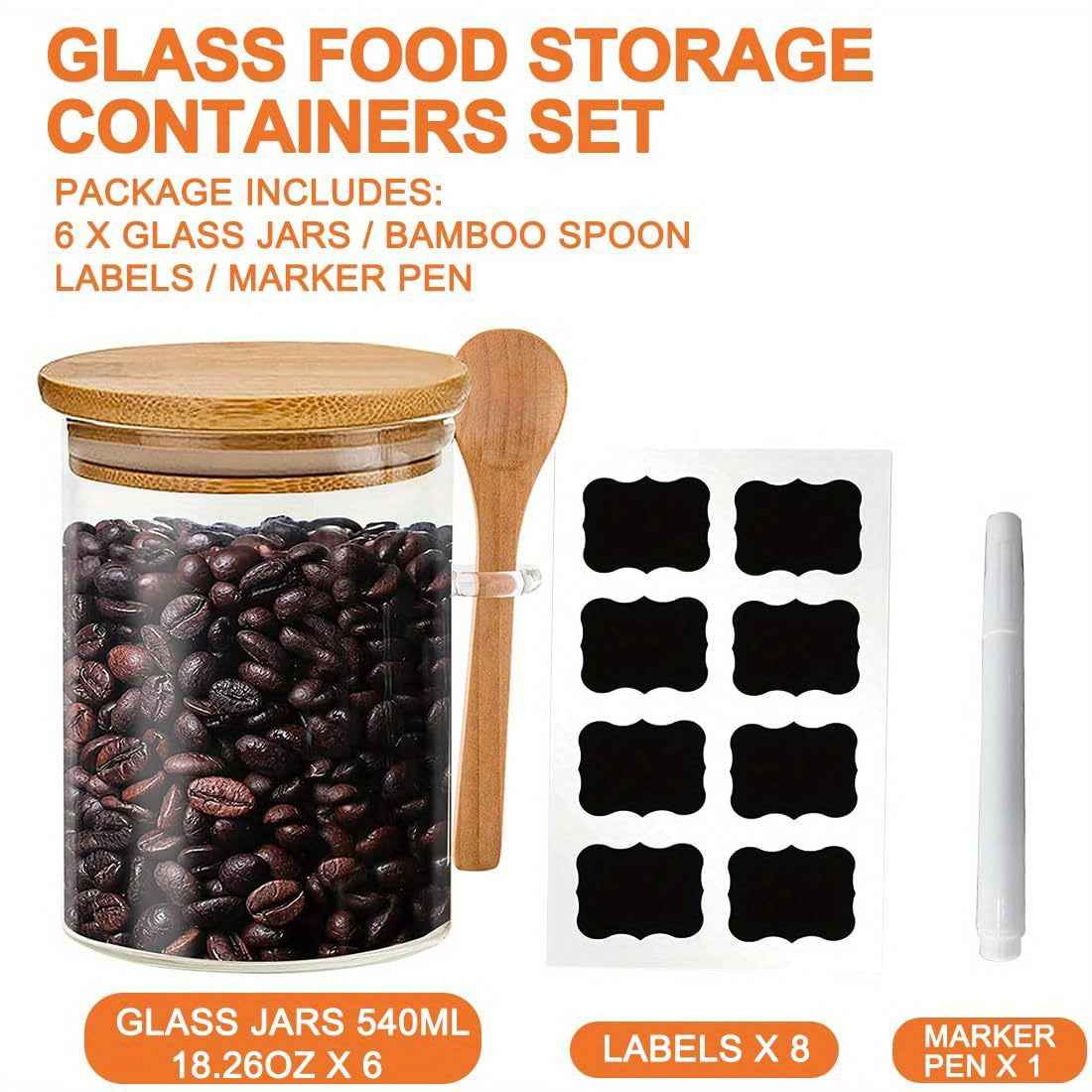 6-Piece 18oz Glass Storage Jars With Bamboo Lids, Eco-Friendly, Reusable, Flip-Top Design