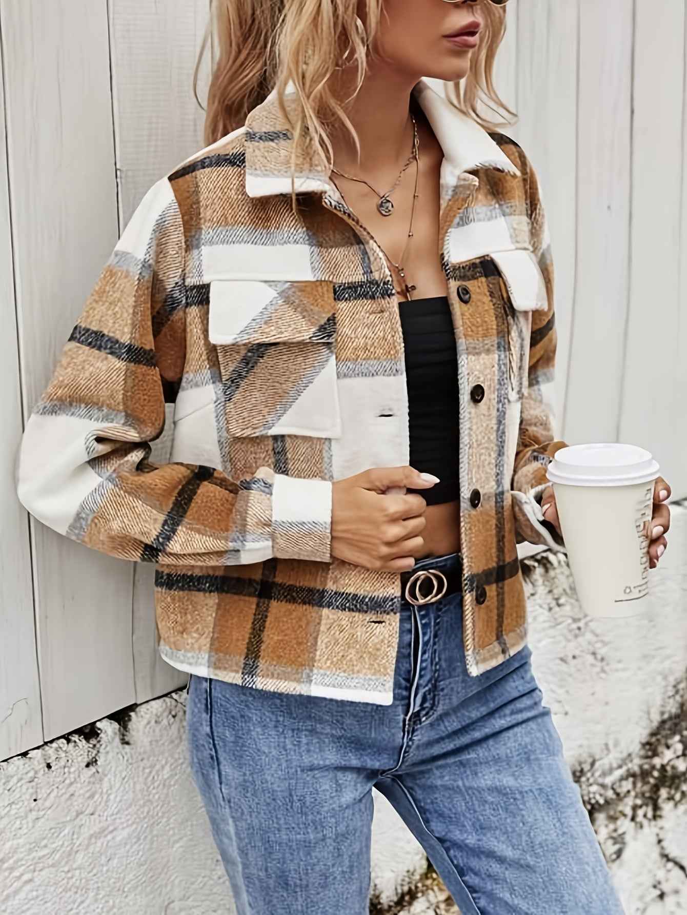 Womens Casual Plaid Cropped Jacket with Pockets