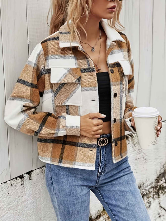Womens Casual Plaid Cropped Jacket with Pockets