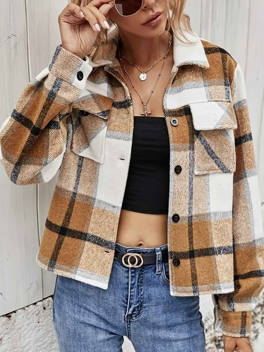 Womens Casual Plaid Cropped Jacket with Pockets