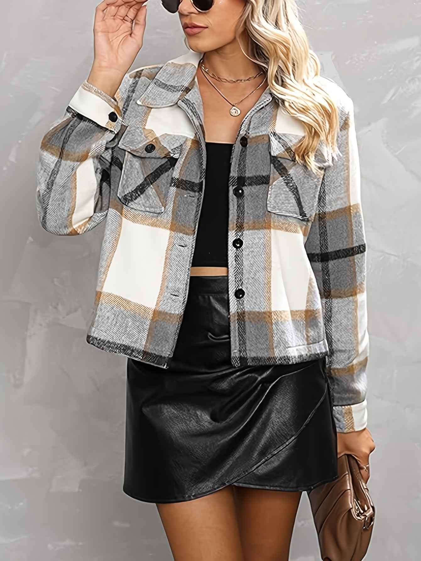 Womens Casual Plaid Cropped Jacket with Pockets