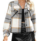 Womens Casual Plaid Cropped Jacket with Pockets