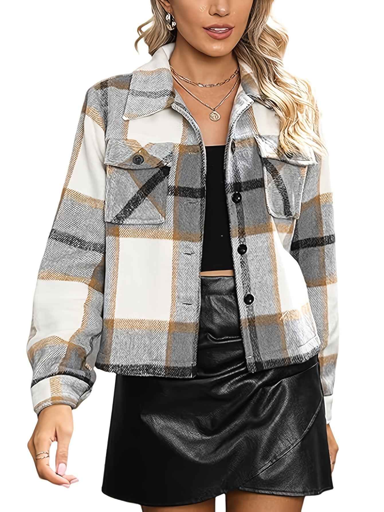Womens Casual Plaid Cropped Jacket with Pockets
