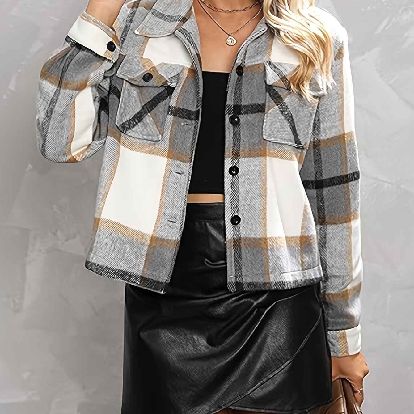 Womens Casual Plaid Cropped Jacket with Pockets