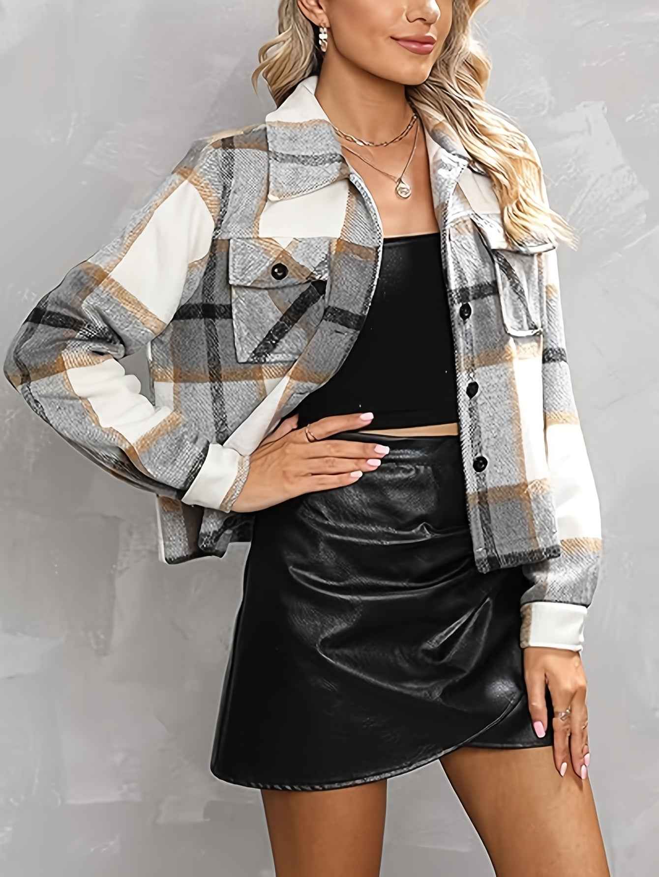 Womens Casual Plaid Cropped Jacket with Pockets