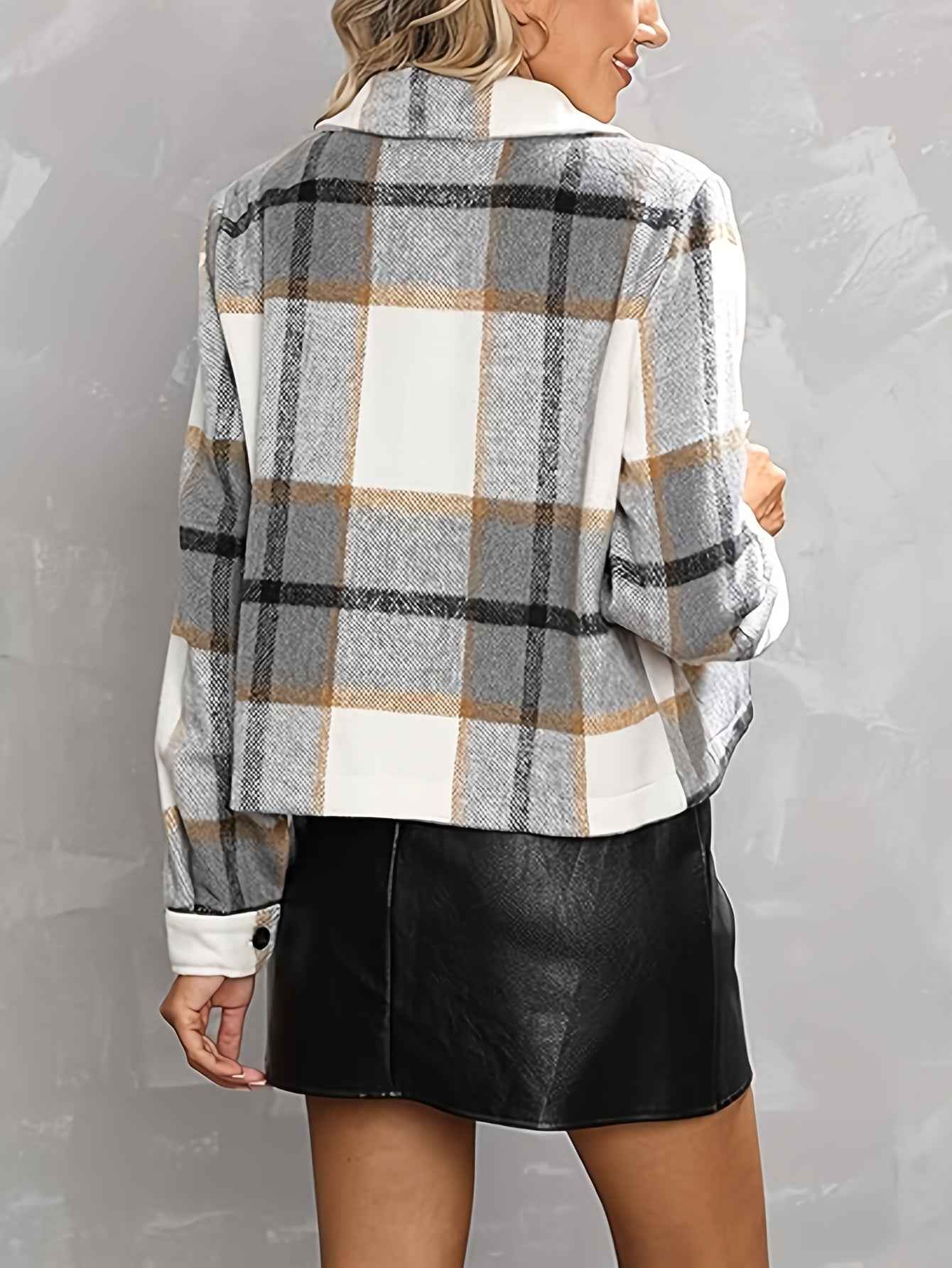 Womens Casual Plaid Cropped Jacket with Pockets