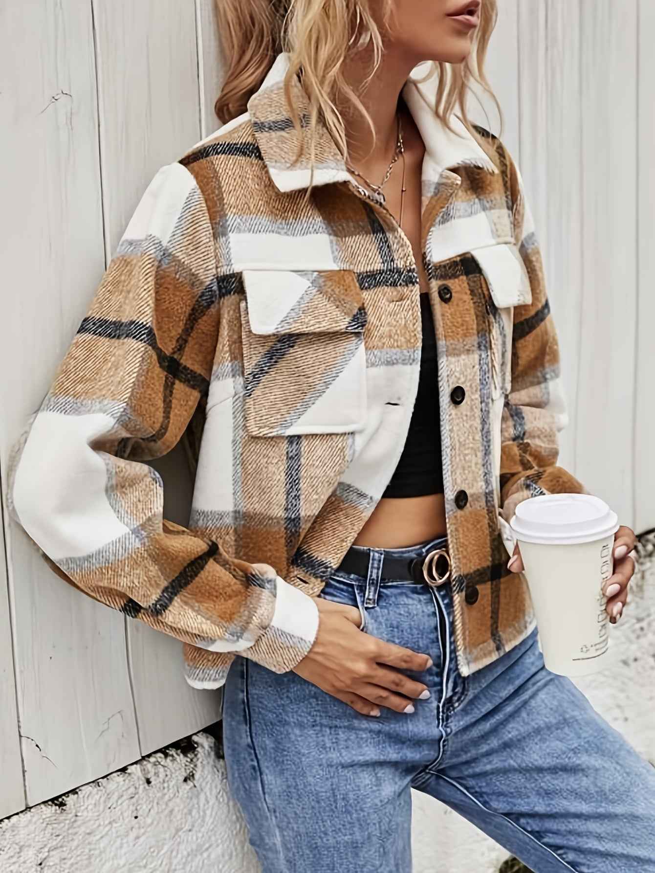Womens Casual Plaid Cropped Jacket with Pockets