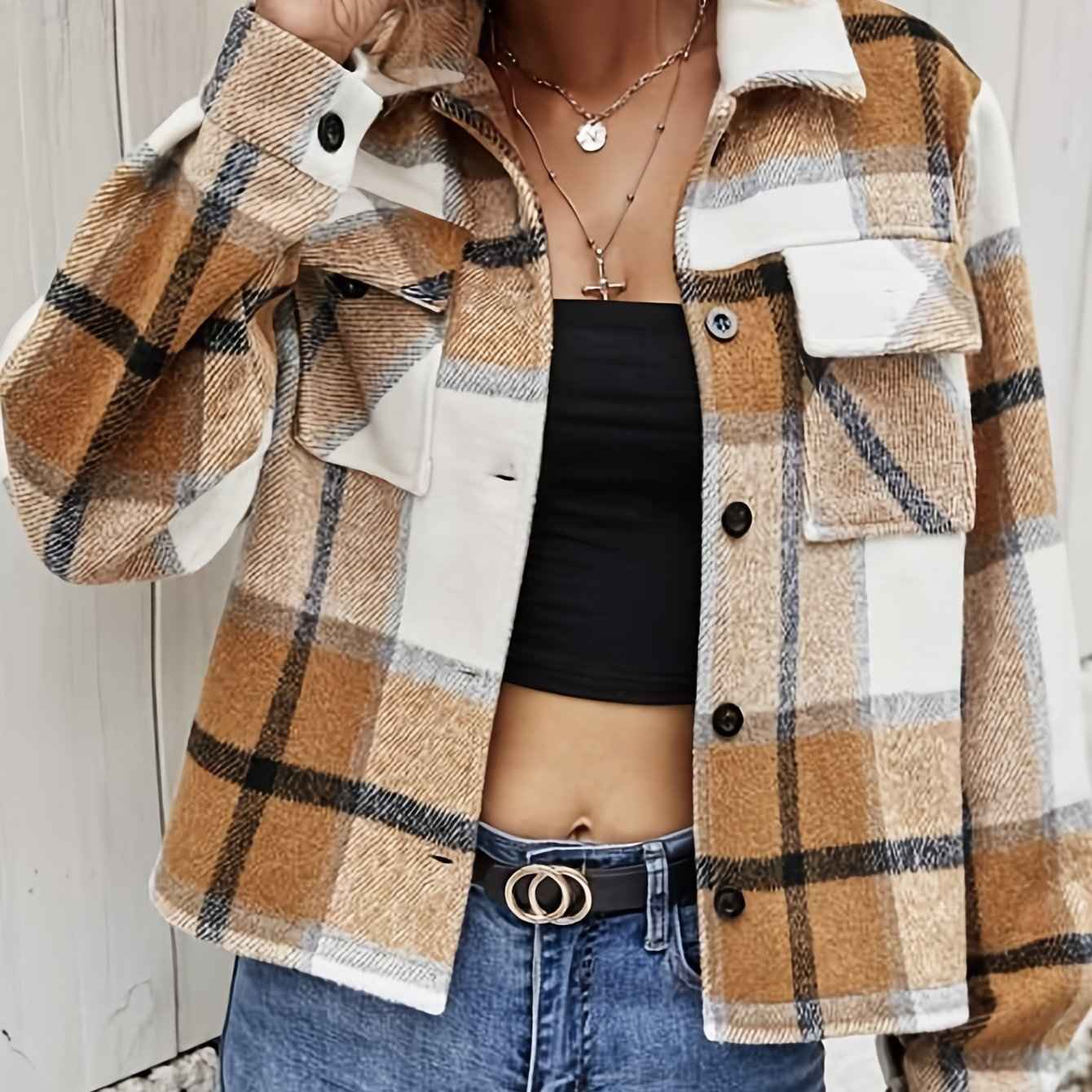 Womens Casual Plaid Cropped Jacket with Pockets