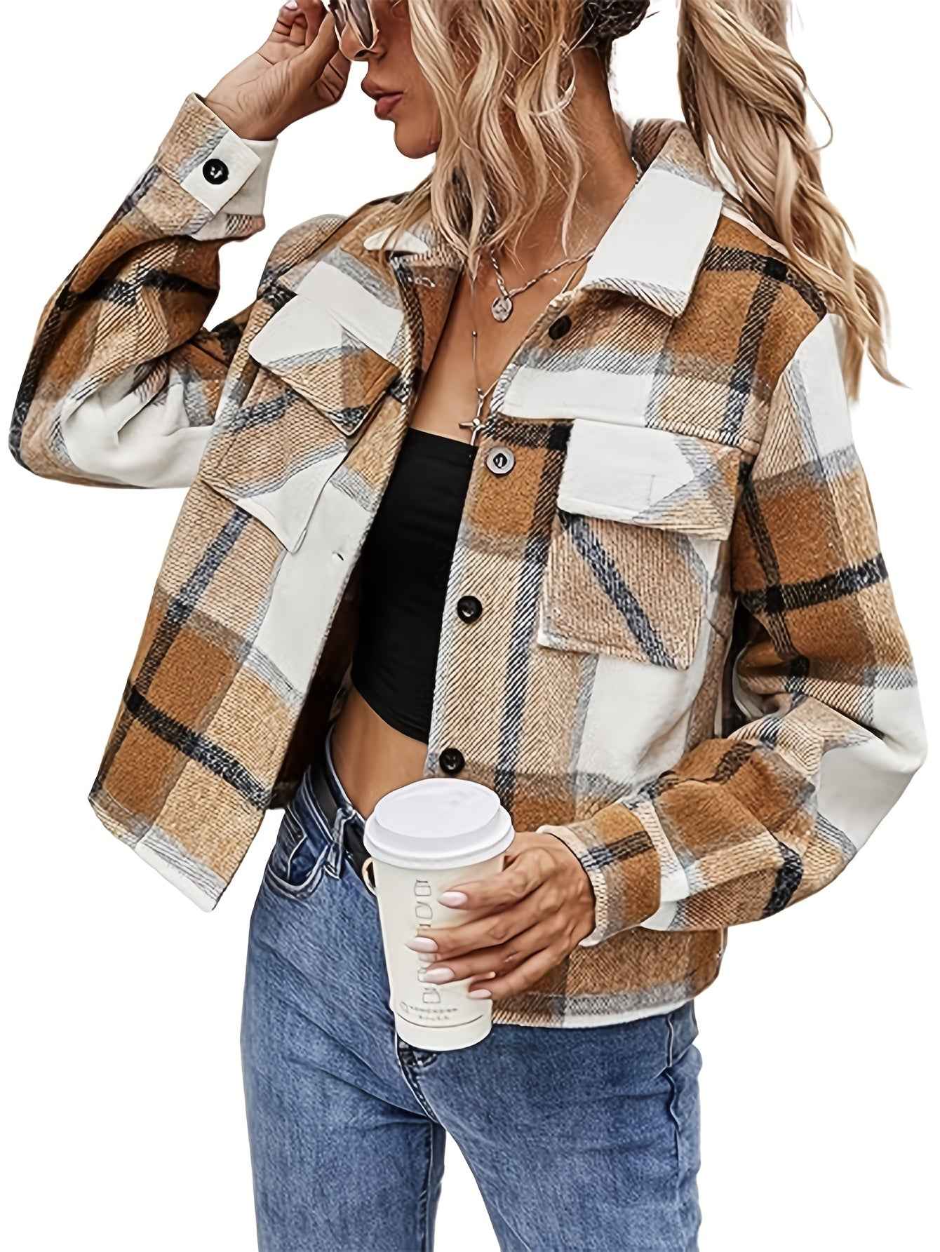 Womens Casual Plaid Cropped Jacket with Pockets