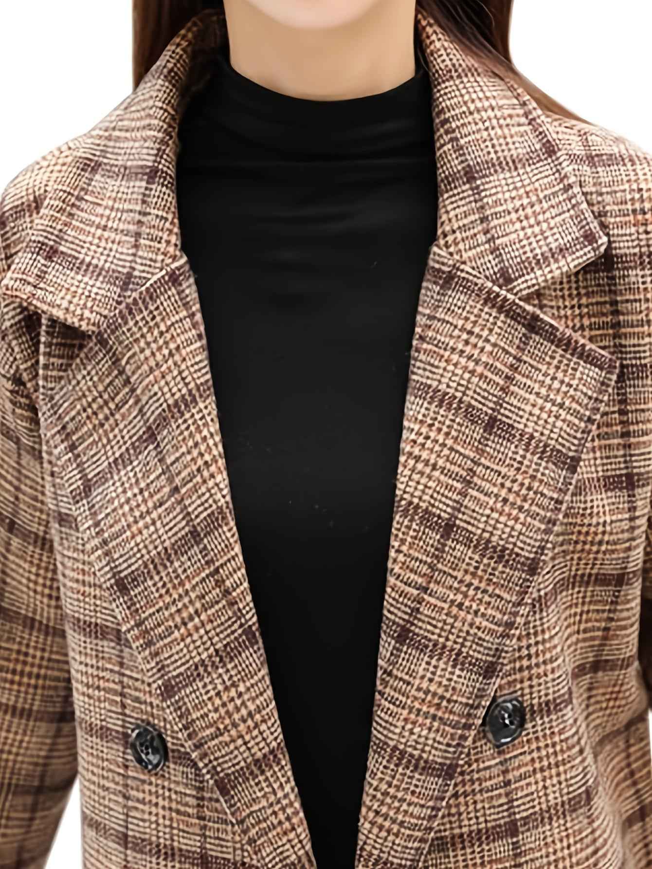 Womens Oversize Wool Blend Plaid DoubleBreasted Trench Coat