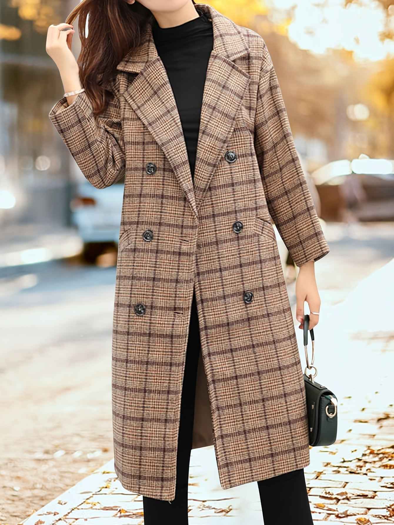 Womens Oversize Wool Blend Plaid DoubleBreasted Trench Coat