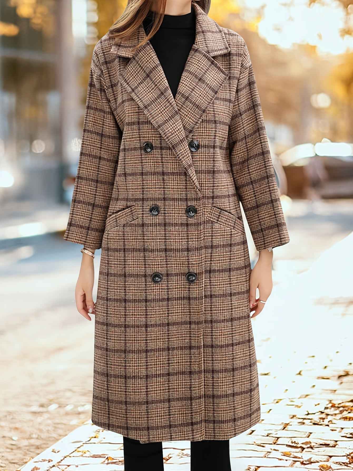 Womens Oversize Wool Blend Plaid DoubleBreasted Trench Coat