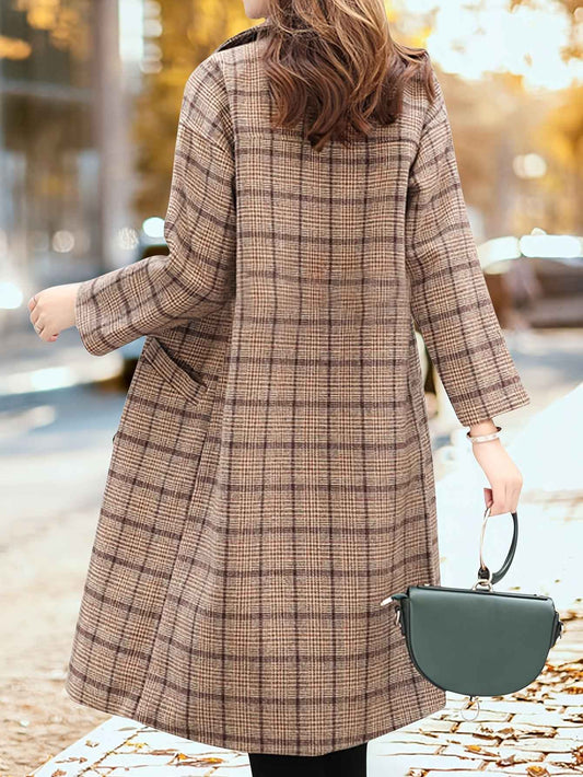 Womens Oversize Wool Blend Plaid DoubleBreasted Trench Coat