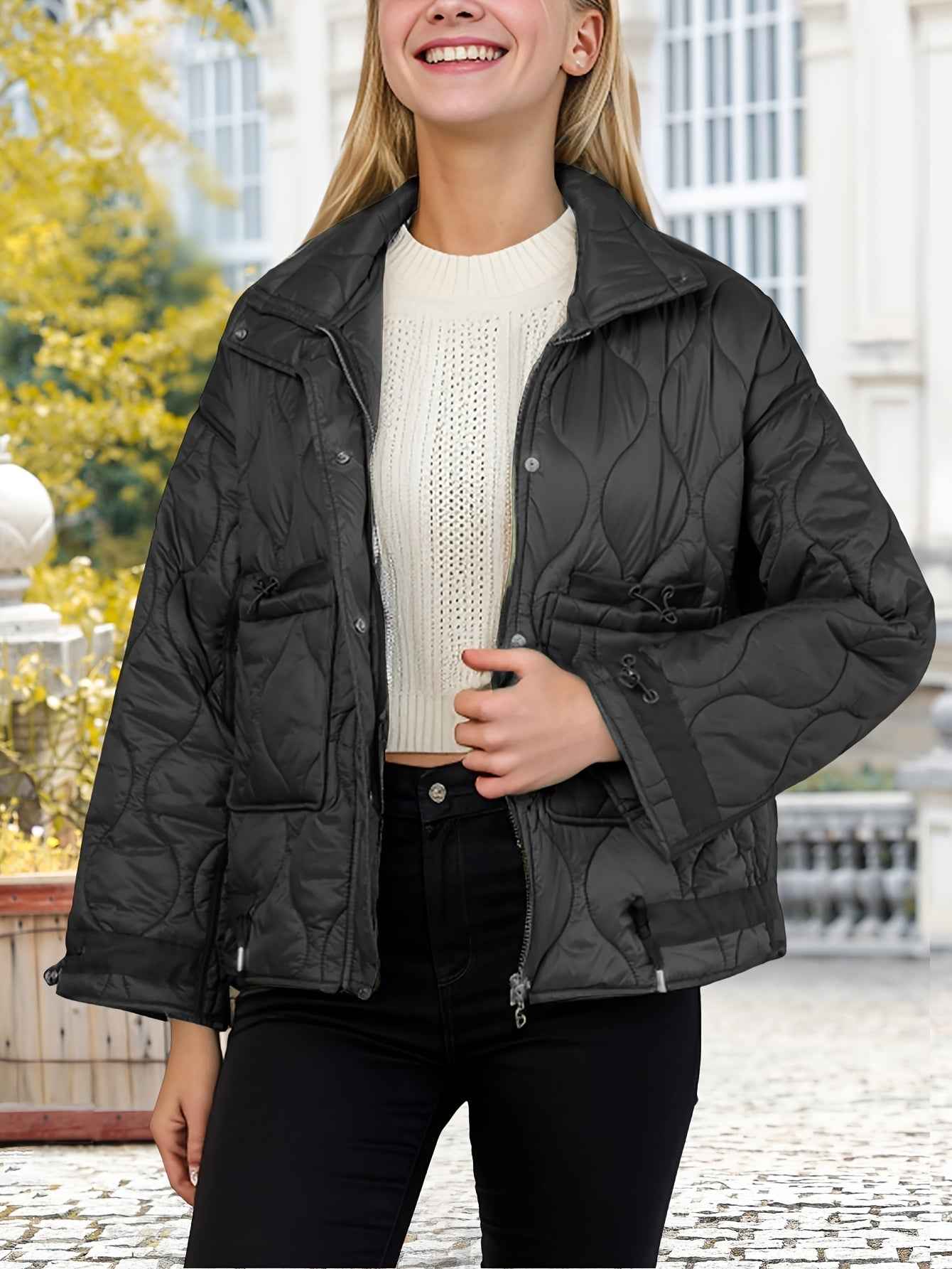 Womens Oversized Quilted Puffer Jacket with Stand Collar