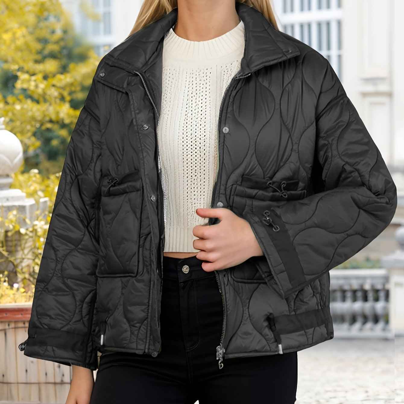Womens Oversized Quilted Puffer Jacket with Stand Collar