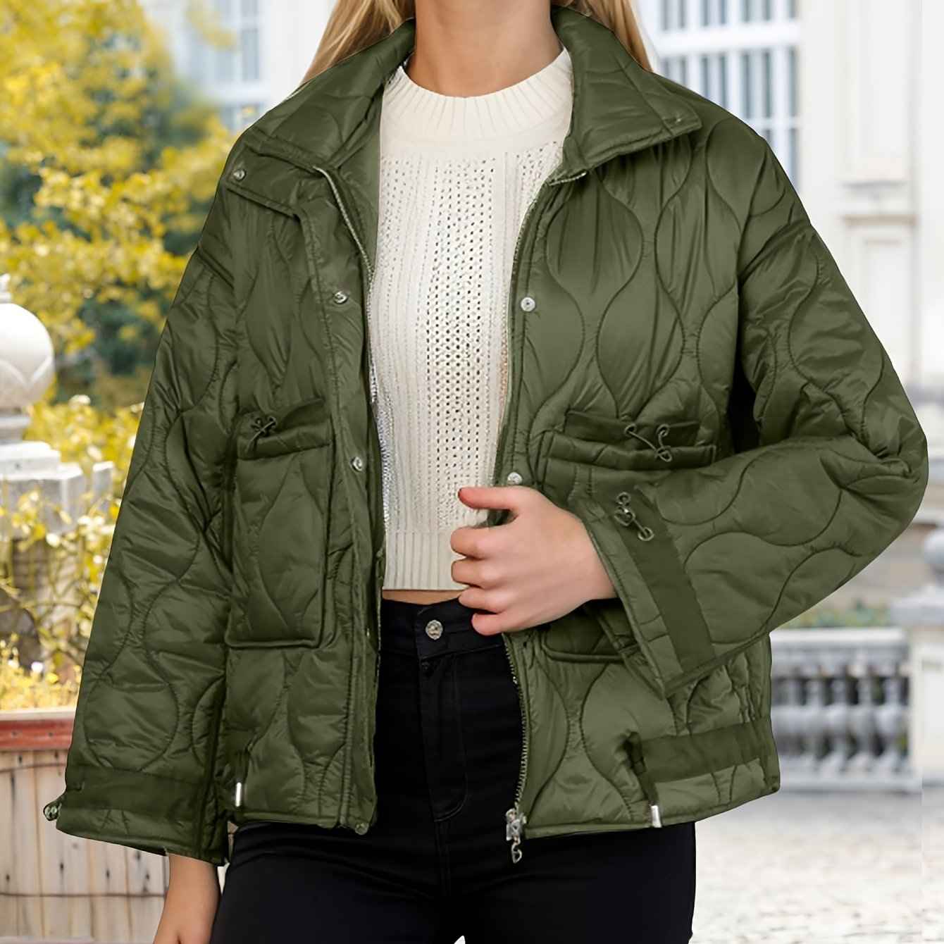 Womens Oversized Quilted Puffer Jacket with Stand Collar