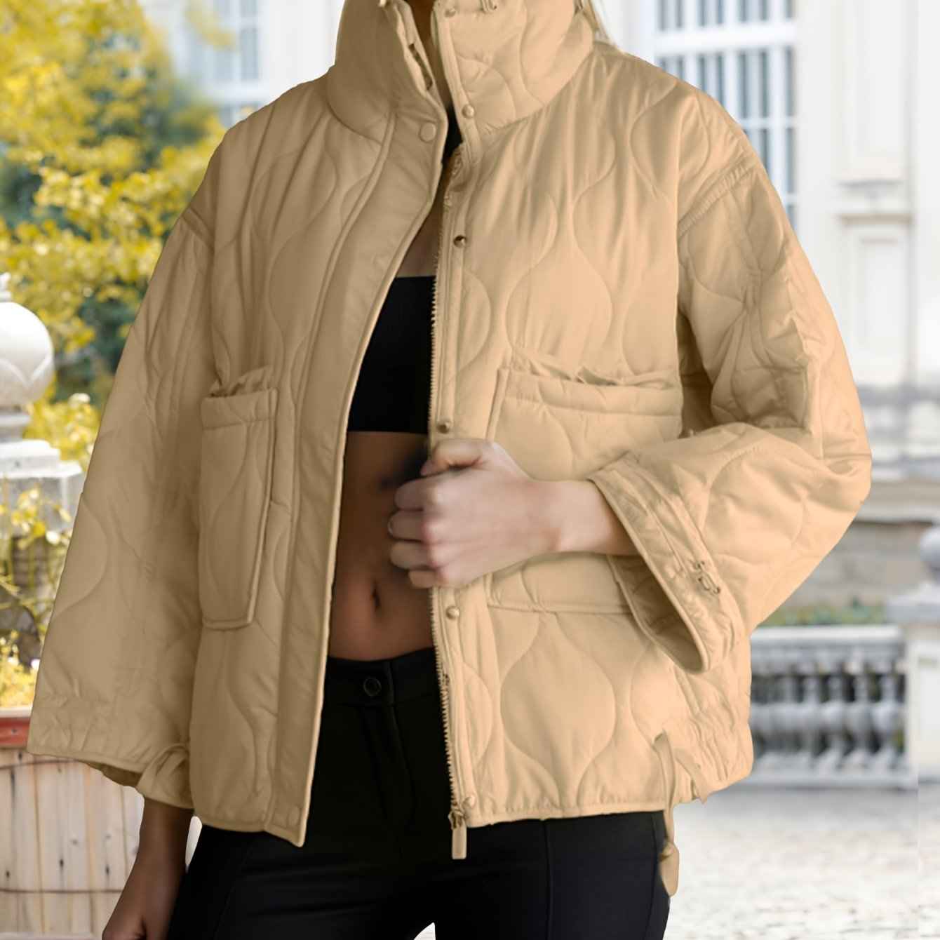 Womens Oversized Quilted Puffer Jacket with Stand Collar